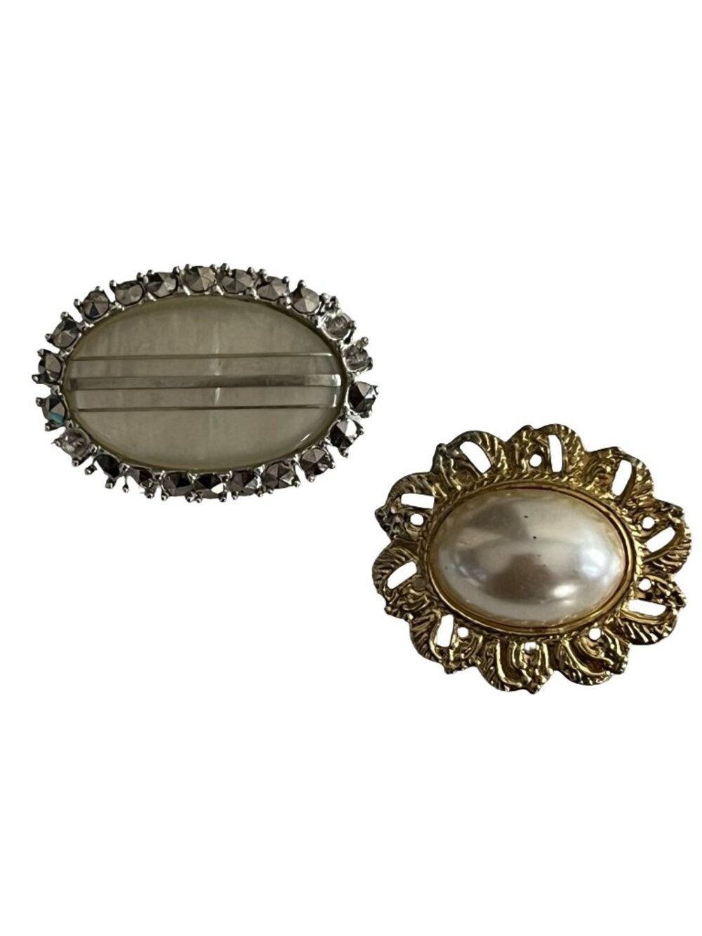 Vintage Faux Pearl Brooch Lot Gold Tone Oval Cabochon Rhinestone Frame Pin Set